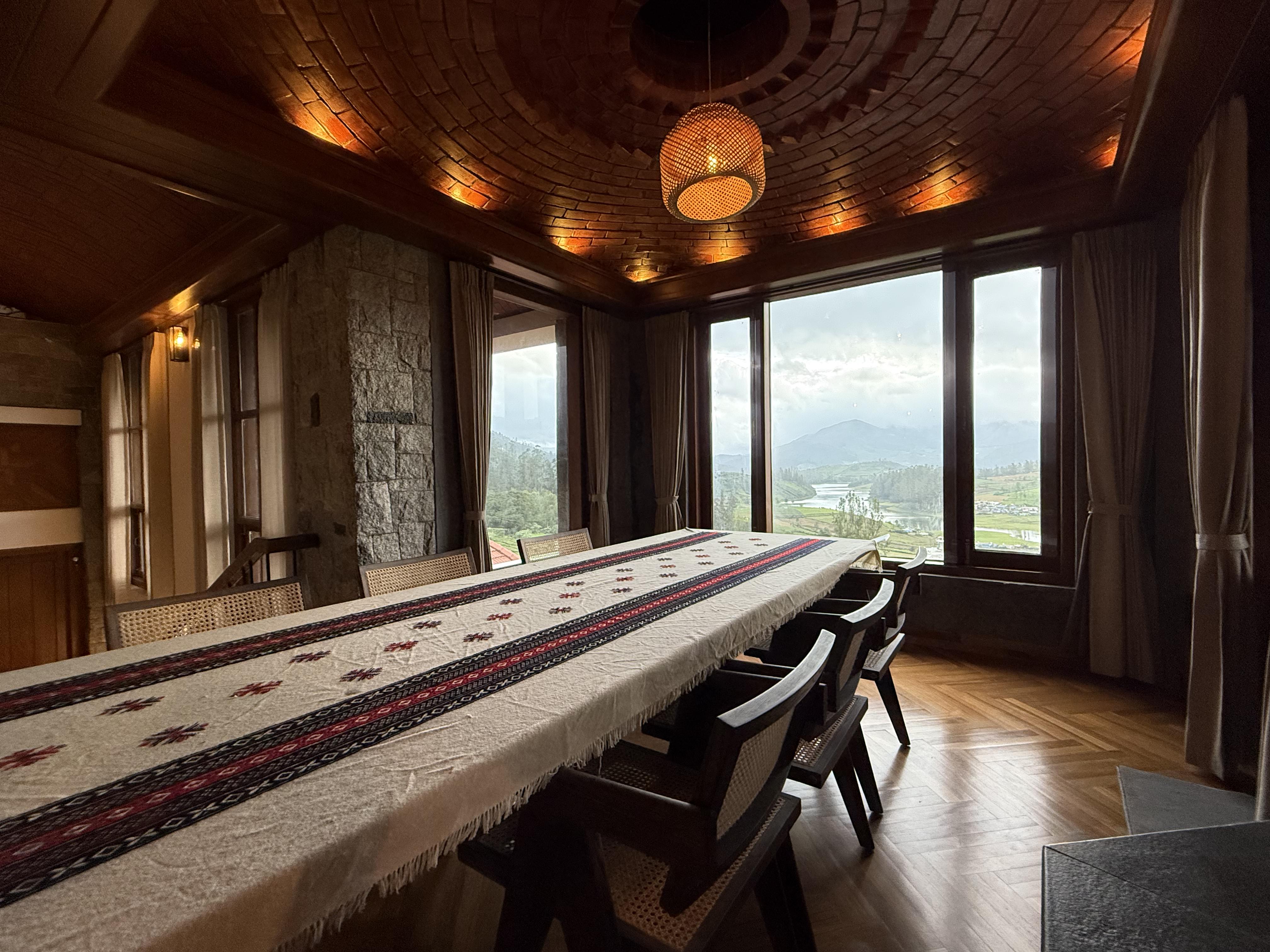 Rustic dining space with wooden table and warm tones