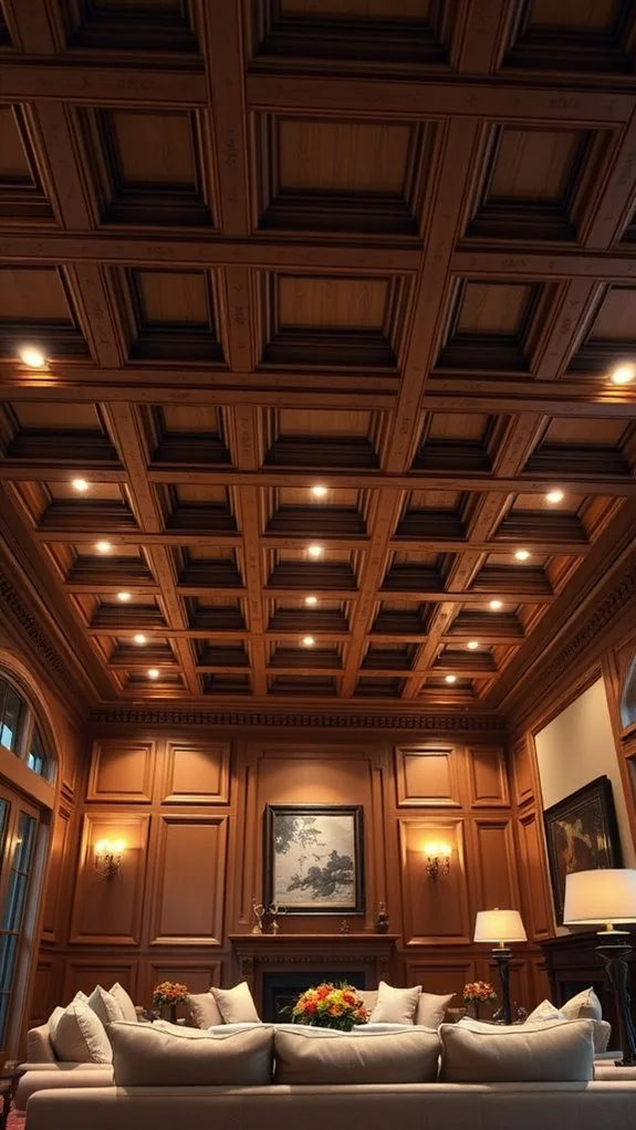 Living room with elegant coffered ceiling and warm decor